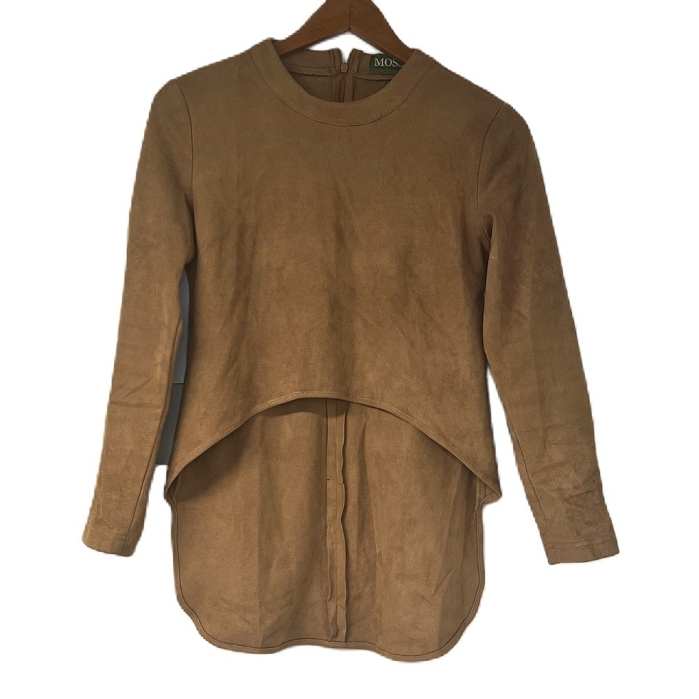 Moss Tan Faux Suede High Low Long Sleeve Top Size XS Lagenlook asymmetric